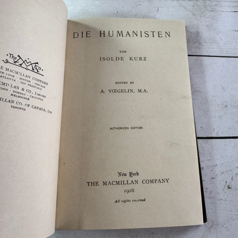 Die Humanisten Isolde Kurz 1916 German Text Authorized Edition Macmillan HC